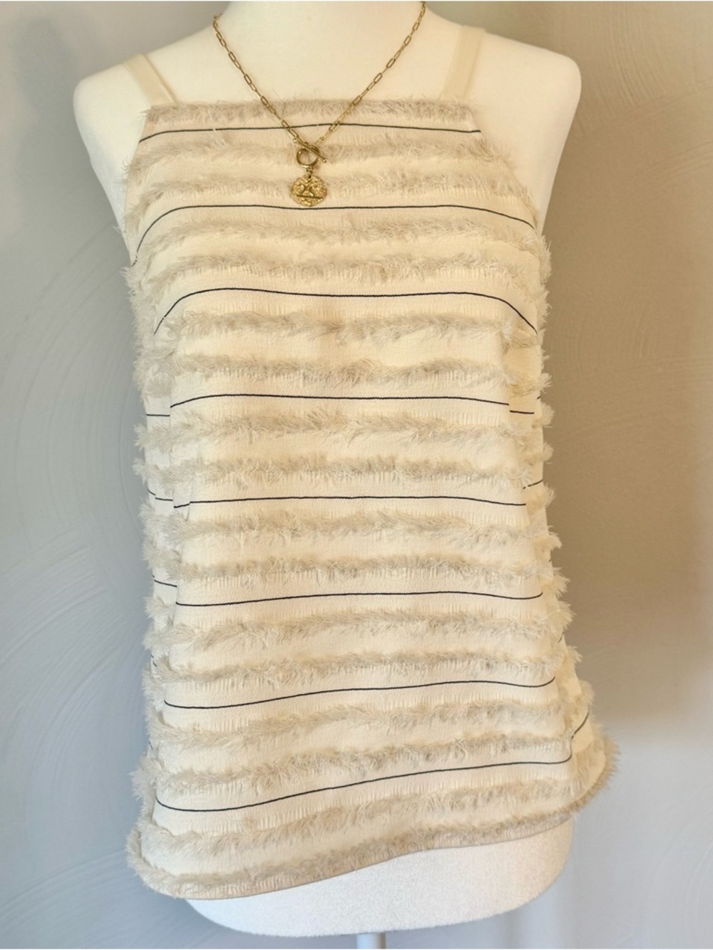 Anthropologie Maeve Cream Fringe Stripe Sleeveless Tank Top Women’s Size S Boho